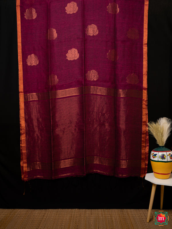 Wine Pink Handwoven Linen Jamdhani Saree Wine Love-The Indian Motif