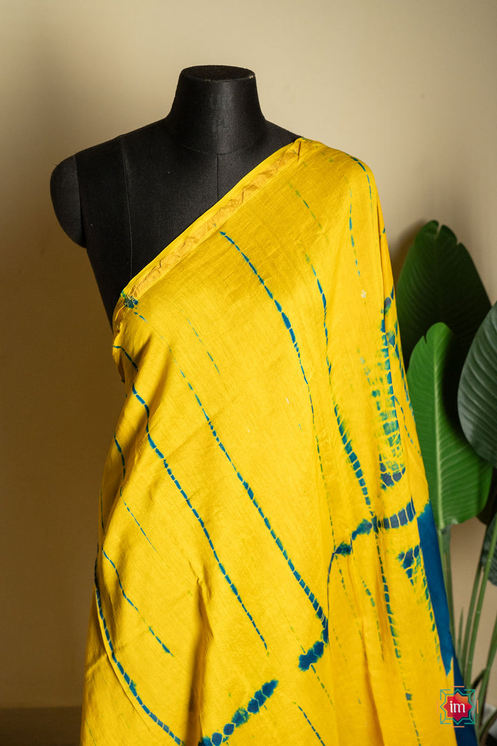 Yellow Blue Shibori Bagru Handblock Chanderi Silk Cotton Saree-2-The Indian Motif