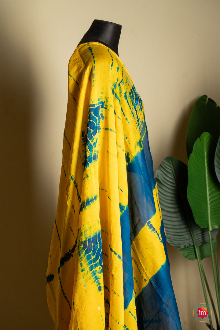 Yellow Blue Shibori Bagru Handblock Chanderi Silk Cotton Saree-3-The Indian Motif