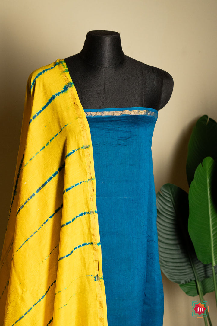 Yellow Blue Shibori Bagru Handblock Chanderi Silk Cotton Saree-5-The Indian Motif