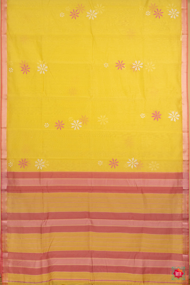 Yellow Maheshwar Silk Cotton Jugalbandhi Saree Parijaata-7-The Indian Motif