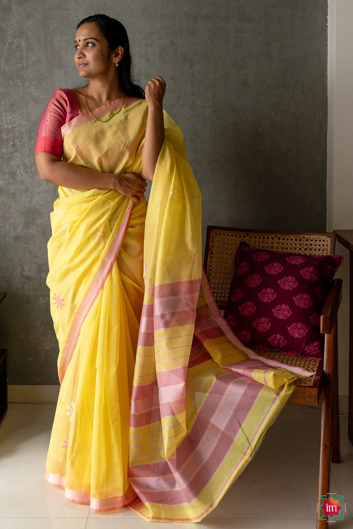 Yellow Maheshwar Silk Cotton Jugalbandhi Saree Parijaata-The Indian Motif