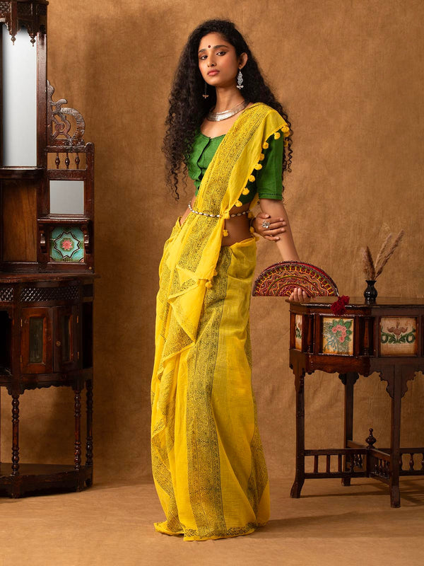 Yellow Mul Jugalbandhi Cotton Saree With Handblock Prints Mitra-The Indian Motif