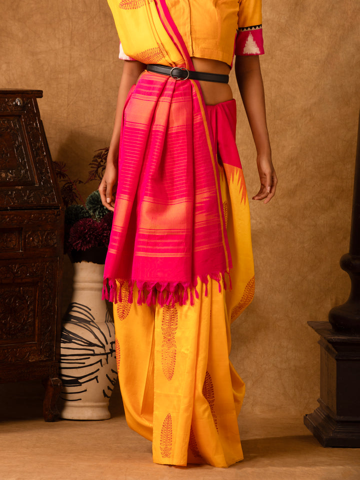 Yellow Pink Kanjivaram Silk Jugalbandhi Saree Panjavarnam-4-The Indian Motif