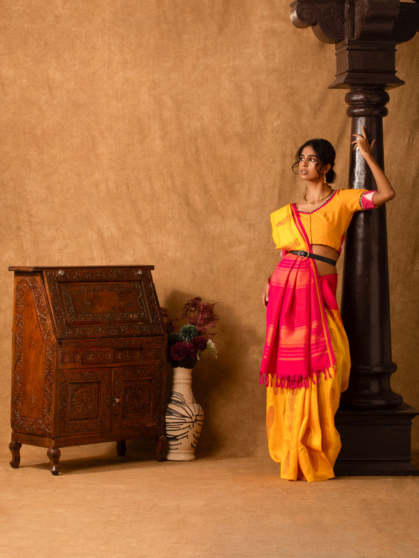 Yellow Pink Kanjivaram Silk Jugalbandhi Saree Panjavarnam-The Indian Motif