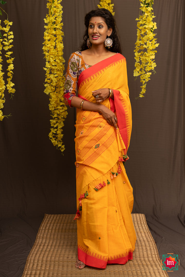 Yellow Ponduru Khadi Lambani Embroidery Jugalbandhi Saree Kamakhya-1-The Indian Motif
