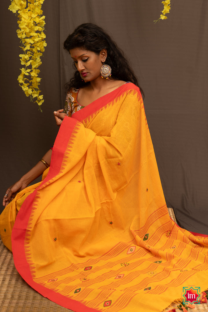 Yellow Ponduru Khadi Lambani Embroidery Jugalbandhi Saree Kamakhya-3-The Indian Motif