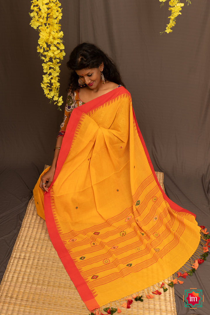 Yellow Ponduru Khadi Lambani Embroidery Jugalbandhi Saree Kamakhya-4-The Indian Motif