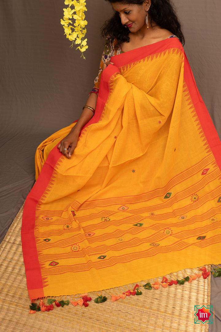 Yellow Ponduru Khadi Lambani Embroidery Jugalbandhi Saree Kamakhya-5-The Indian Motif