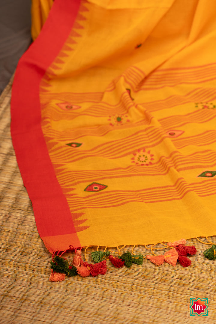 Yellow Ponduru Khadi Lambani Embroidery Jugalbandhi Saree Kamakhya-8-The Indian Motif