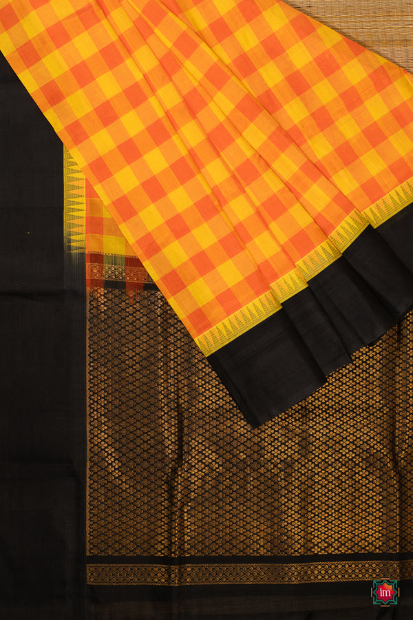 Yellow Orange Kattam Kanchi Silk Cotton Saree Manikyam-The Indian Motif