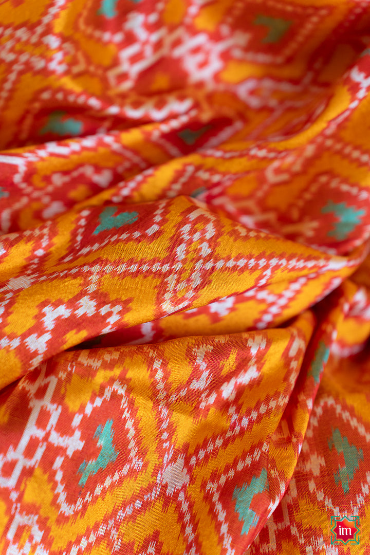 Yellow Red Pochampally Ikkat Patola Design Silk Saree Devasena-3-The Indian Motif