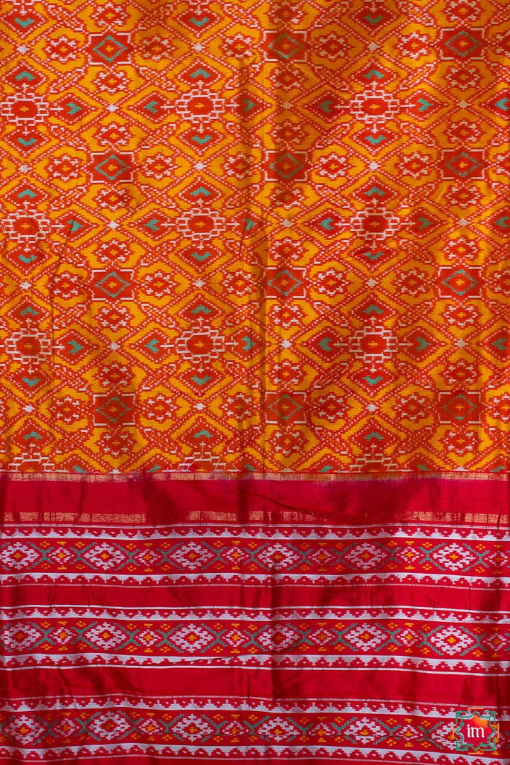 Yellow Red Pochampally Ikkat Patola Design Silk Saree Devasena-4-The Indian Motif