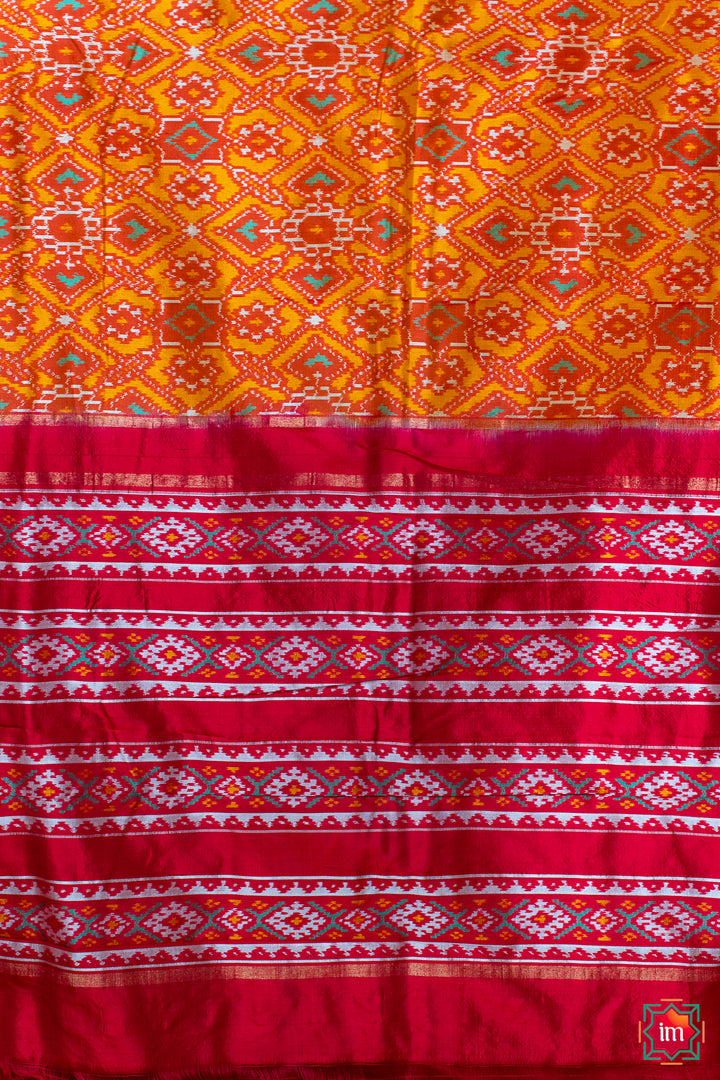 Yellow Red Pochampally Ikkat Patola Design Silk Saree Devasena-5-The Indian Motif
