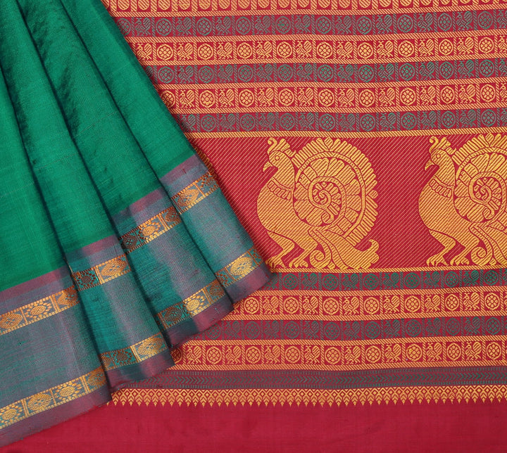 arani threadwork bottle green saree