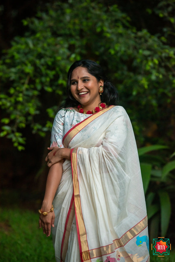 Venkatagiri Cotton White Jamdhani Saree Shailaputri