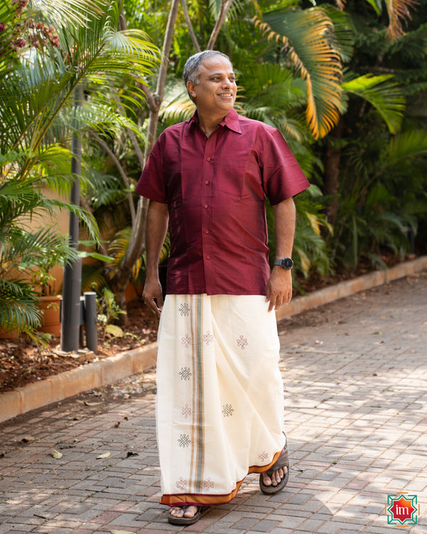 Mayilkann Ganga Jamuna Hand Block Printed Cotton Mens Dhoti Kolam Kondattam