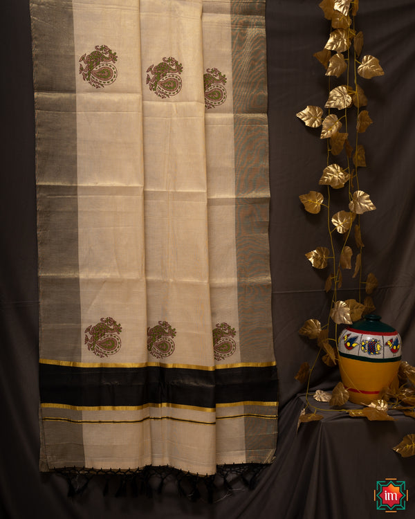 Kasavu Hand Block Printed Cotton Jugalbandhi Saree Abundant Love