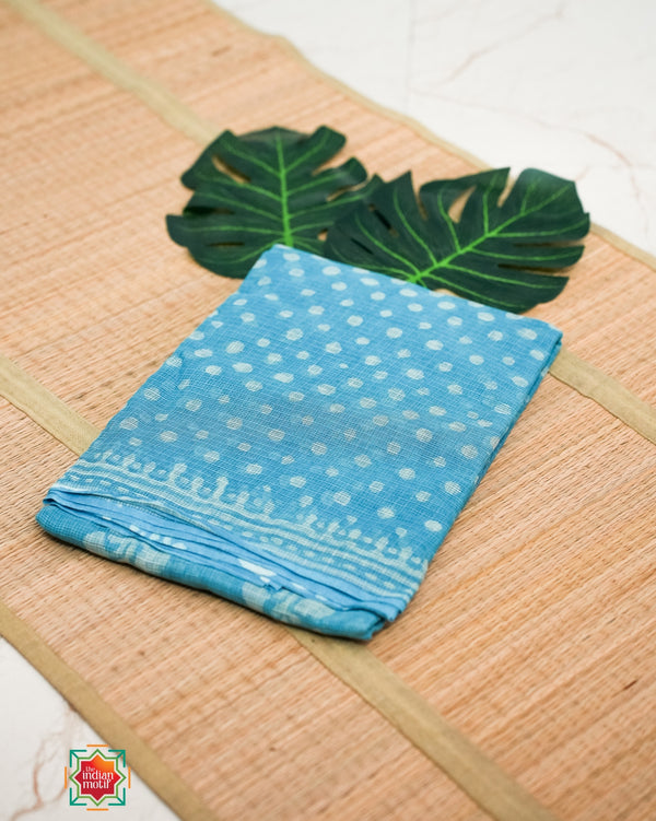 Kota Doria Bagru Handblock Blue Polkas Saree