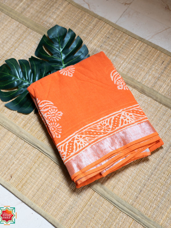 Bagru Handblock Slub Cotton Orange Candy Saree