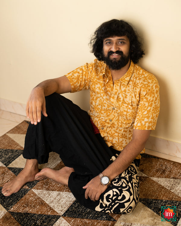 AB-Bagru Handblock Printed Cotton Mens Shirt Mustardy Love