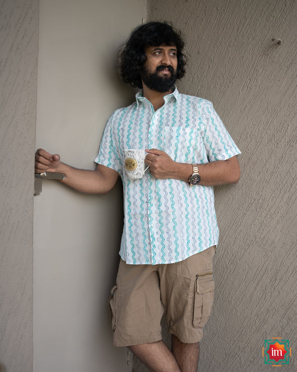 AB-Bagru Handblock Printed Cotton Mens Shirt Spiral Wonder