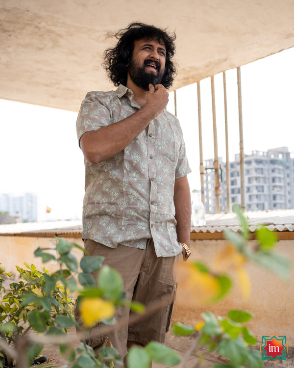 Grey Bagru Handblock Printed Cotton Mens Shirt Garden Love