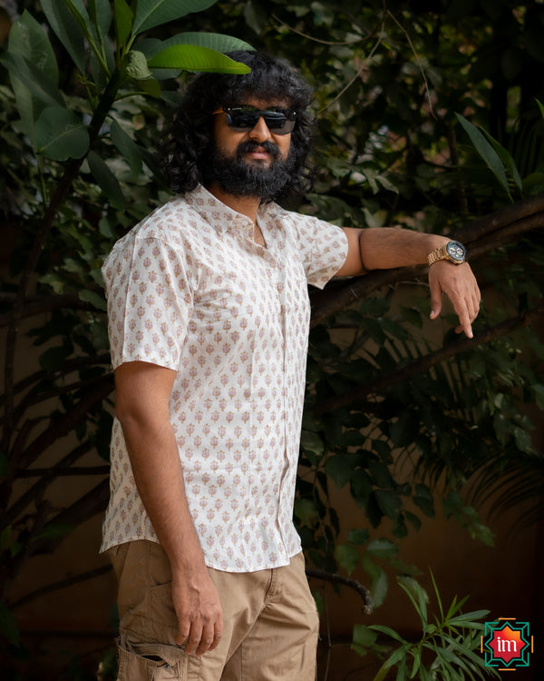 White Floral Bagru Handblock Printed Cotton Mens Shirt Silent Love