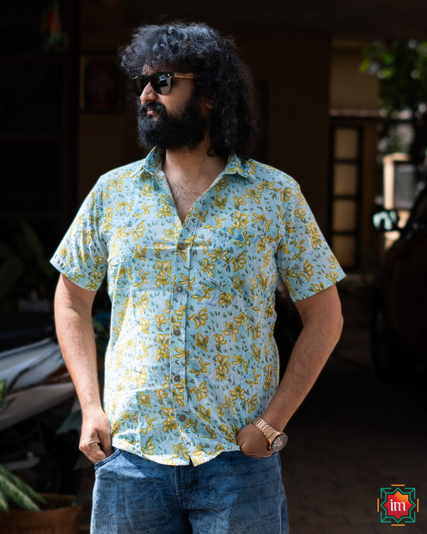 AB-Bagru Handblock Printed Cotton Mens Shirt Sky Florals