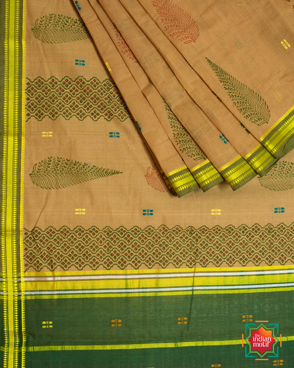 Udupi Cotton Block Print Jugalbandhi Sacred Sandal Saree