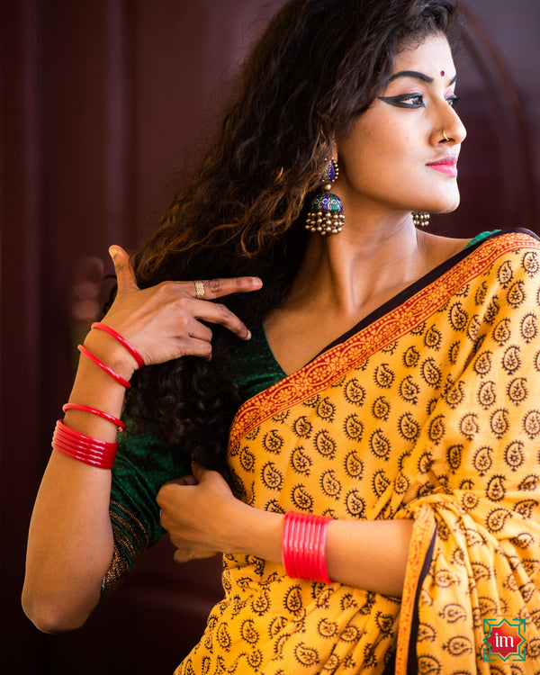 Yellow Handblock Printed Bagh Mul Cotton Saree Midas Maiden