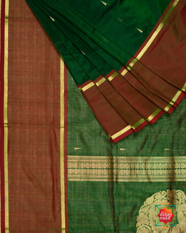 Bottle Green Kanchi Silk Cotton With Red Mazhaituli Saree