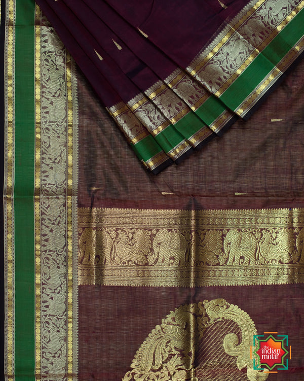 Kanchi Silk Cotton Cocoa Brown Vanasingaram Saree