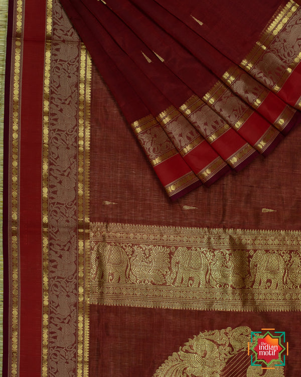 Kanchi Silk Cotton Copper Brown Vanasingaram Saree