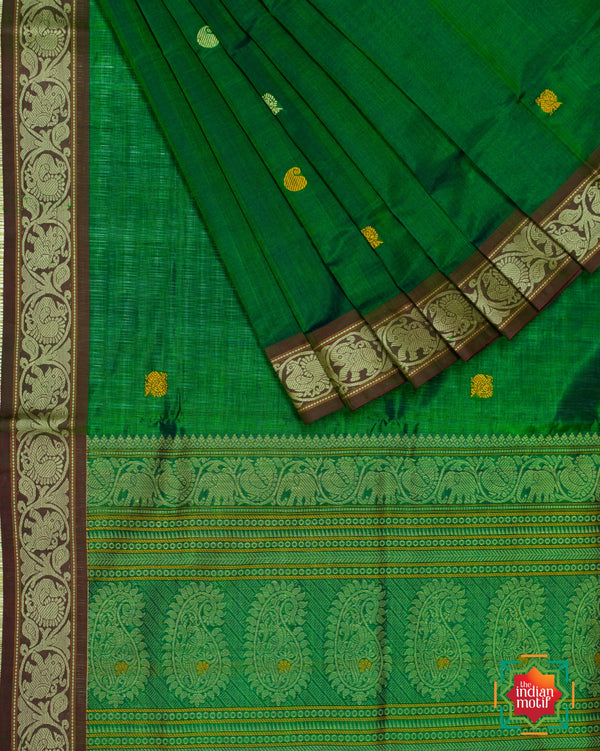 Kanchi Silk Cotton Green Thread Work Saree