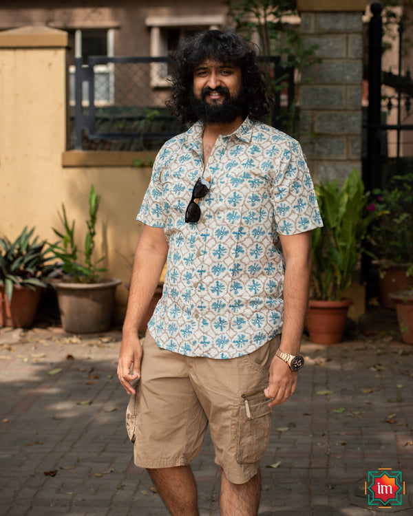 AB-Bagru Handblock Printed Cotton Mens Shirt Blue Wonder