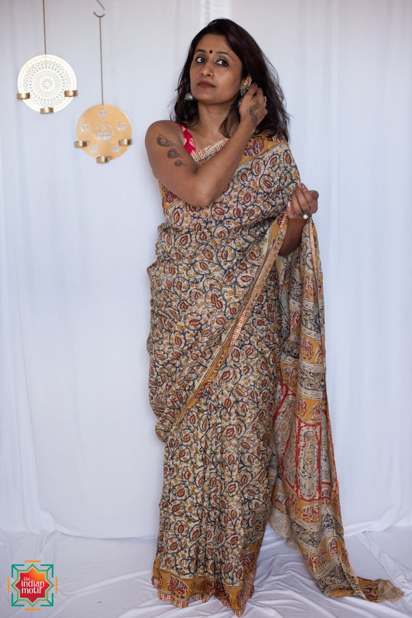 Machilipatnam Handblock Mul Cotton Saree Gauri