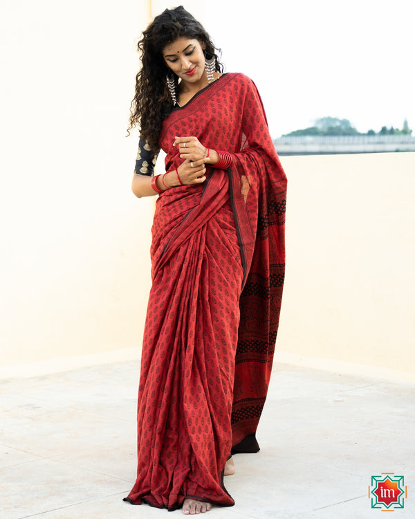 Bagh Cotton Saree Red Wine
