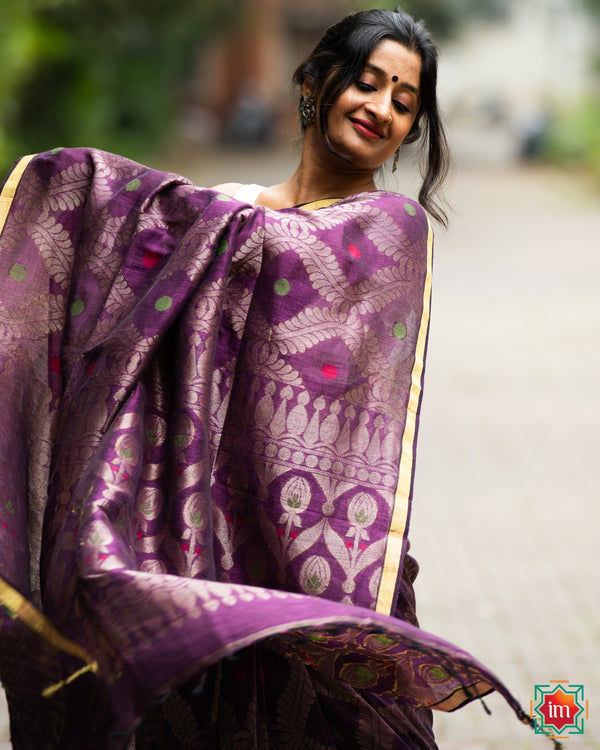 Handwoven Linen Jamdhani Saree Mayuri