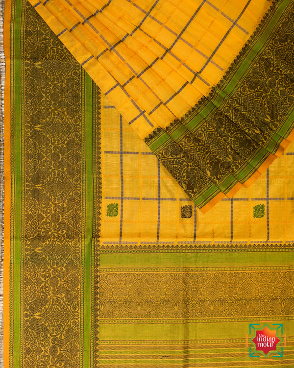 Handwoven Kanchi Cotton Yellow Annam Kattam Saree