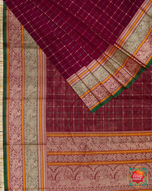 Handwoven Kanchi Cotton Red Annam Kattam Saree