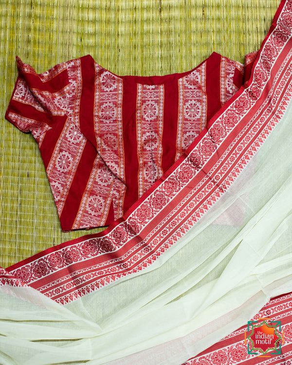 Bengal Cotton Skirt Border Saree Red Pandal