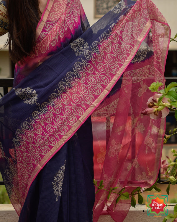 Kota Doria Bagru Handblock Printed Lotus Pond Saree