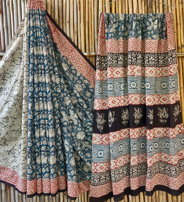 Bagru Handblock Mul Saree Blue Angel