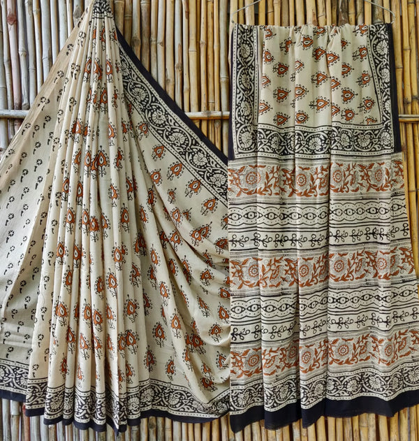 Bagru Handblock Mul Saree Earthern Love