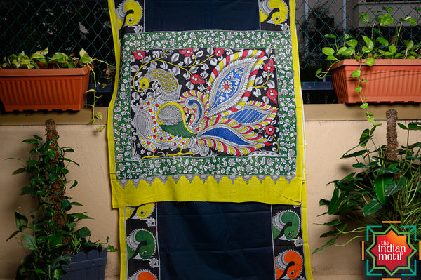 Handpainted Pen Kalamkari Mul Cotton Saree Peacock Black