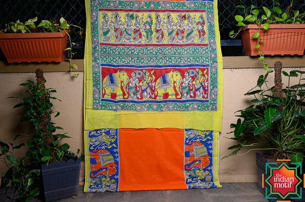 Handpainted Pen Kalamkari Mul Cotton Saree Elephant