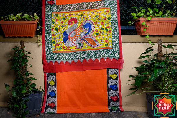 Handpainted Pen Kalamkari Mul Cotton Saree Peacock