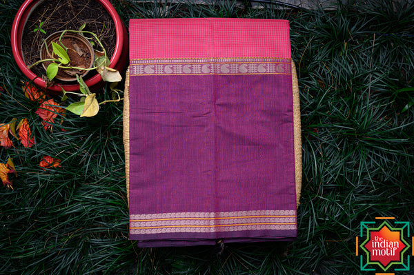 Dark Taupe Kanchi Cotton Saree with Copper Border - Byhand Kochi