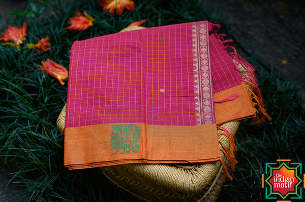 Handwoven Kanchi Cotton Cherry Red Checkered Saree